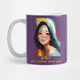 Girls Just Wanna Have Sun (longhaired brunette red white blue Mug